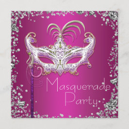 Convites Elegante Confete Prateado Festa de Máscaras Rosa Q