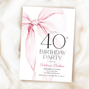 Convites Elegante Coquete Laço Rosa 40º Aniversário