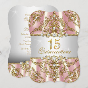 Convites Elegante cor-de-rosa Dourado Damasco Quinceanera