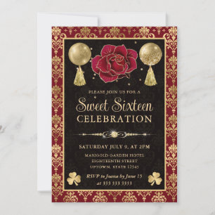 Convites Elegante Coração de Damasco Vermelho e Dourado Swe
