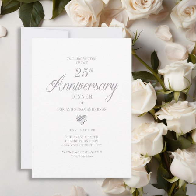 Convites Elegante Coração de Prata Branco Aniversário de 25 (Elegant white 25th wedding anniversary invitation)