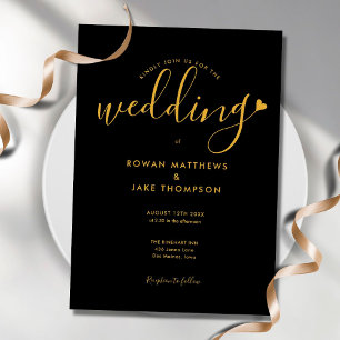 Convites Elegante Coração em Dourado e Preto para Casamento