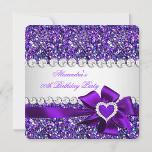 Convites Elegante Coração Roxo com Lantejoulas e Laço Festa