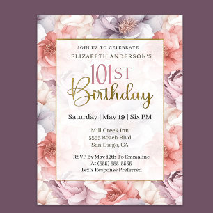 Convites Elegante Coral e Peônia Lavanda 101º Aniversário