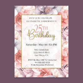 Convites Elegante Coral e Peônia Lavanda Aniversário de 25