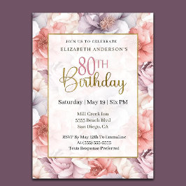 Convites Elegante Coral e Peônia Lavanda para 80º Aniversár
