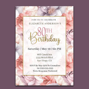Convites Elegante Coral e Peônia Lavanda para 80º Aniversár