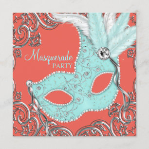 Convites Elegante Coral e Teal Blue Mascarada