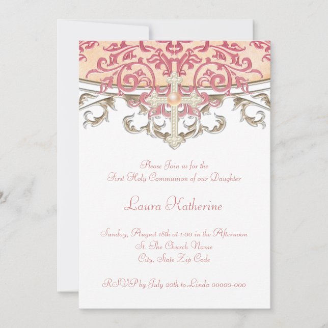 Convites Elegante Coral Pêssego Primeira Comunhão (Frente)