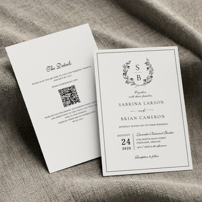 Convites Elegante Coroa Botânica com Monograma e Código QR  (Criador carregado)