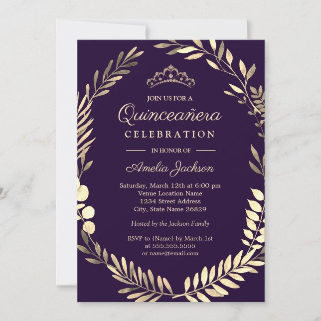 Convites Elegante Coroa de Aquarela Roxa e Dourada Quincean (Frente)