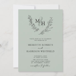 Convites Elegante Coroa de Monograma Sage Casamento