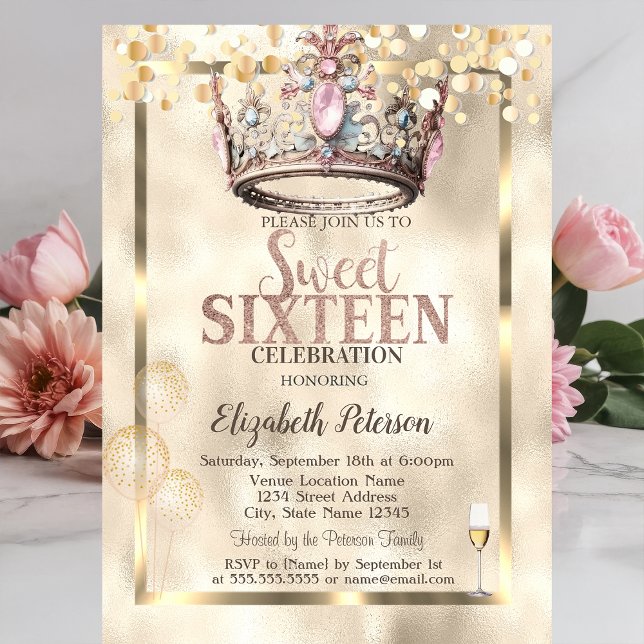 Convites Elegante Coroa de Princesa Balões Quadro Doce 16  (Criador carregado)