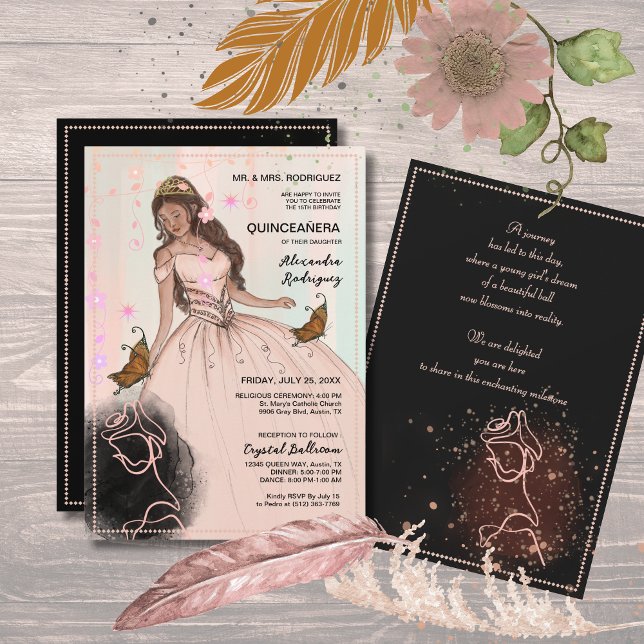 Convites Elegante coroa de tiaras cintilantes Princesa rosa (Elegant Rose & Butterfly Pink Black Quinceañera Invitation)