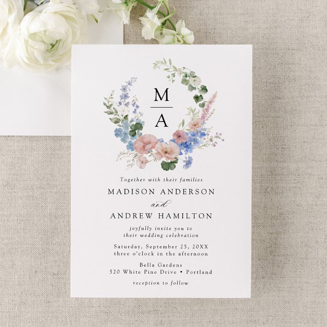 Convites Elegante Coroa Floral Aquarela Romântica Casamento (Criador carregado)