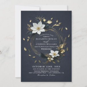 Convites Elegante Coroa Floral Preta Branca e Dourada Casam