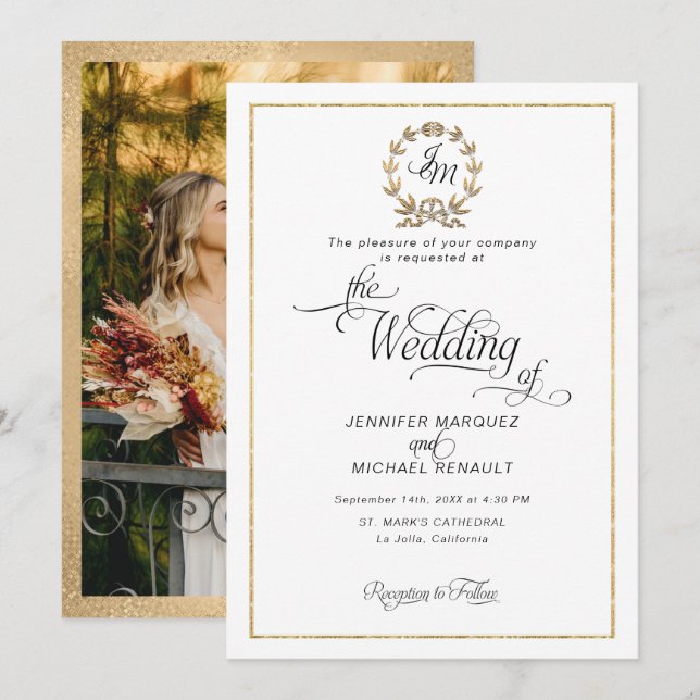 Convites Elegante Coroa Monograma Foto Casamento Script Dou (Frente/Verso)