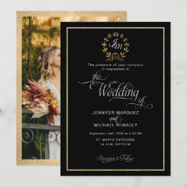 Convites Elegante Coroa Monograma Preto e Dourado Foto Casa