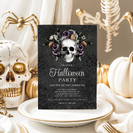 Convites Elegante Crânio Floral Gótico Preto Halloween
