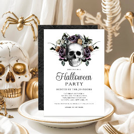 Convites Elegante Crânio Floral Gótico Preto Halloween