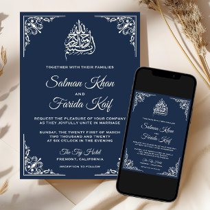 Convites Elegante Creme Azul Marinho Casamento Islâmico Muç