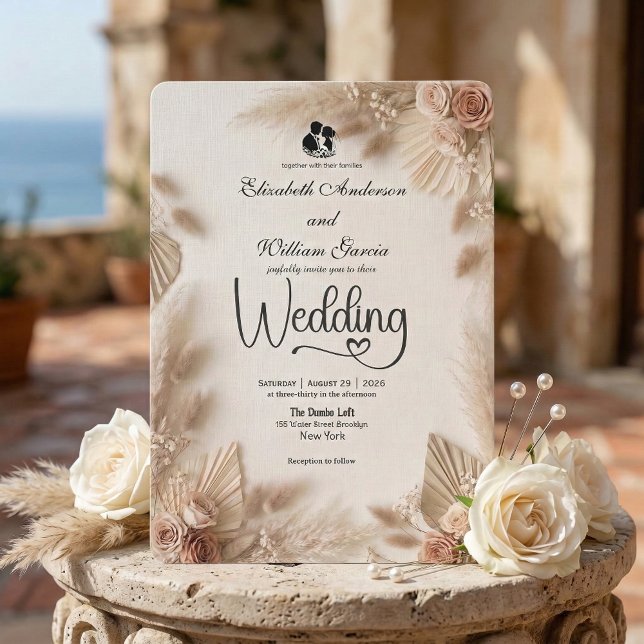 Convites Elegante Creme Boho Rosa Rústico Casamento (Criador carregado)
