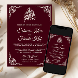 Convites Elegante Creme Borgonha Casamento Islâmico Muçulma