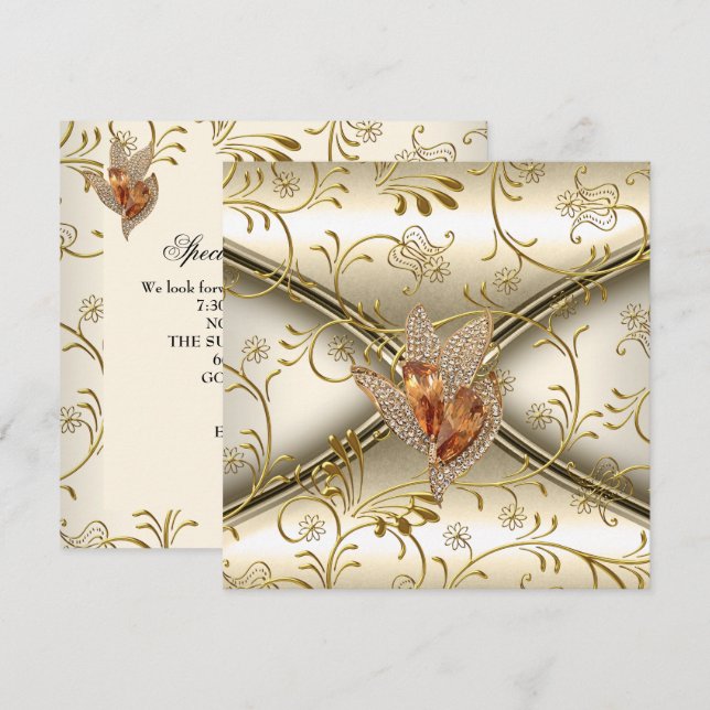 Convites Elegante Creme Caramelo Bege Damasco Dourado (Frente/Verso)