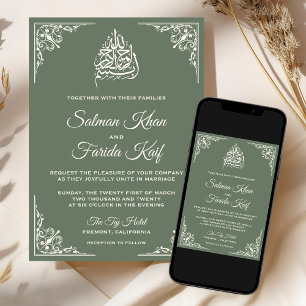 Convites Elegante Creme Verde Sage Casamento Islâmico Muçul