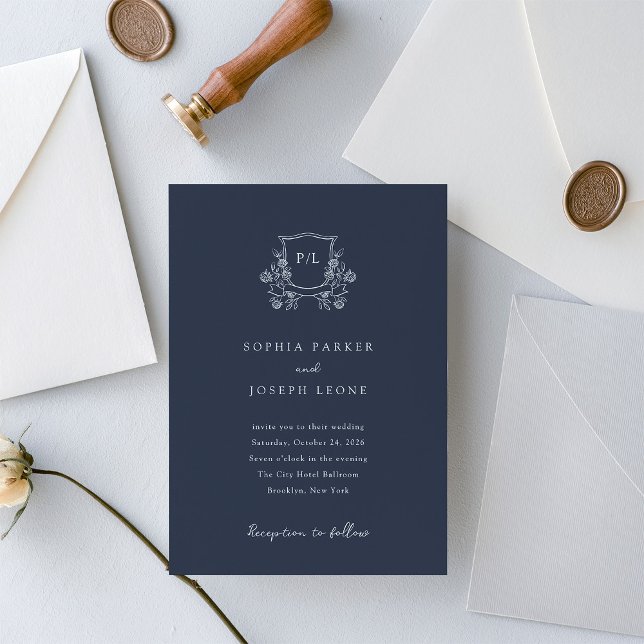Convites Elegante Crest e Monograma | Casamento Marinho Azu (Criador carregado)