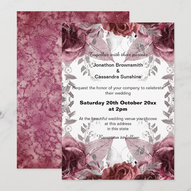 CONVITES ELEGANTE CRIMSON FLORAL VERMELHO CASAMENTO (Frente/Verso)