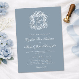 Convites Elegante Crista de Casamento Monograma Azul Empoei