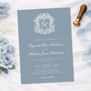 Convites Elegante Crista de Casamento Monograma Azul Empoei