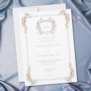 Convites Elegante Crista de Flor Silvestre Pastel Azul Poei