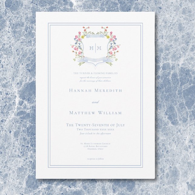 Convites Elegante Crista de Flor Silvestre Pastel Azul Poei (Elegant Dusty Blue Pastel Wildflower Crest Wedding Invitation)