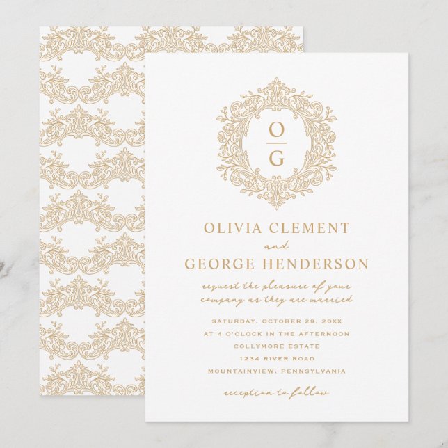 Convites Elegante Crista de Herança em Ouro Casamento (Frente/Verso)