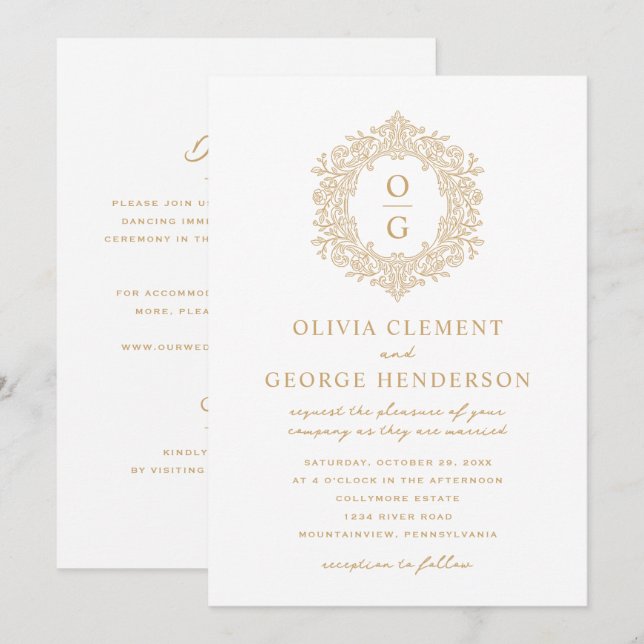 Convites Elegante Crista de Herança em Ouro para Casamento (Frente/Verso)
