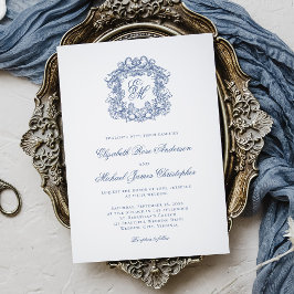 Convites Elegante Crista de Monograma Azul Francês Casament