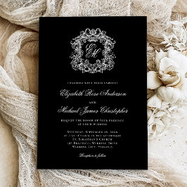 Convites Elegante Crista de Monograma Casamento Preto