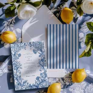 Convites Elegante Crista Floral Azul com Costa Listrada Cas