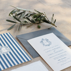 Convites Elegante Crista Floral Azul com Listras no Costas 