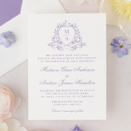 Convites Elegante Crista Floral de Lavanda Monograma de Cas