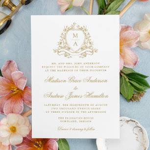 Convites Elegante Crista Floral Dourada de Monograma de Cas