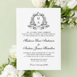 Convites Elegante Crista Floral Preta Monograma Casamento