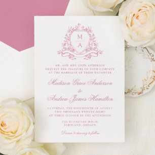 Convites Elegante Crista Floral Rosa Monograma de Casamento