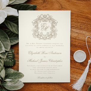 Convites Elegante Crista Monograma Casamento Marfim Vintage