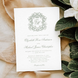 Convites Elegante Crista Monograma Verde Sage Casamento