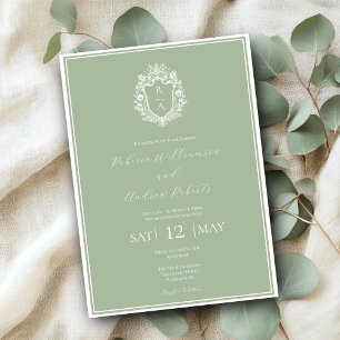 Convites Elegante Crista Monograma Verde Sage Casamento