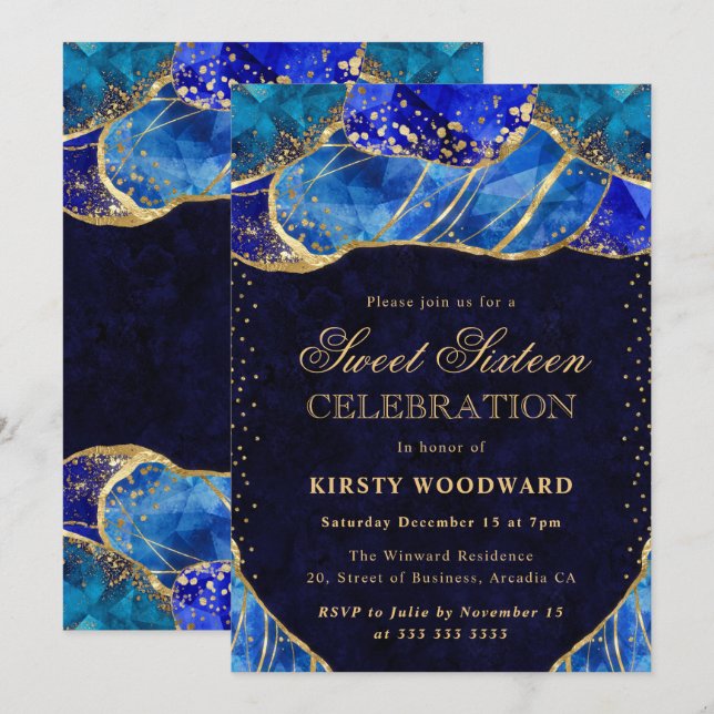 Convites Elegante Cristal Pedra Azul Dourado Doce 16 (Frente/Verso)