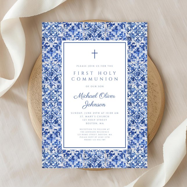 Convites Elegante Cross Blue Azulejo Boy First Communing (Elegant Cross Blue Tiles Boy First Communion Invitation)